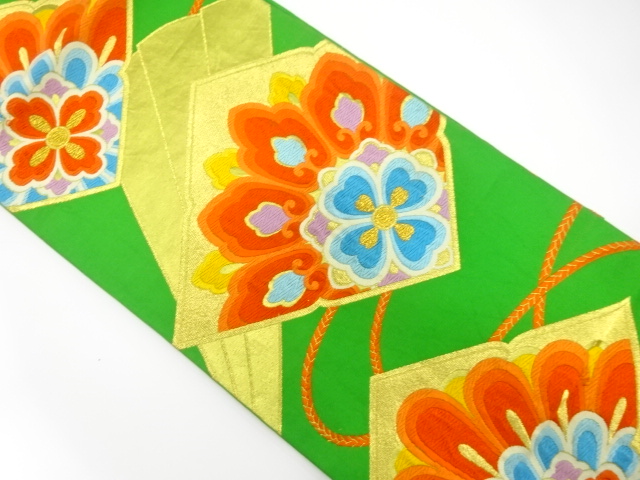 JAPANESE KIMONO / ANTIQUE FUKURO OBI / SILK / WOVEN FAN & FLORAL CREST